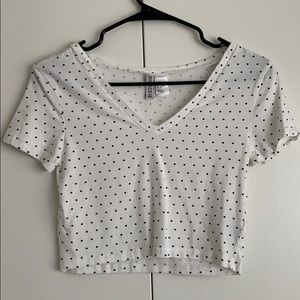 H&M White Black Polka Dot Crop Top V Neck Tee